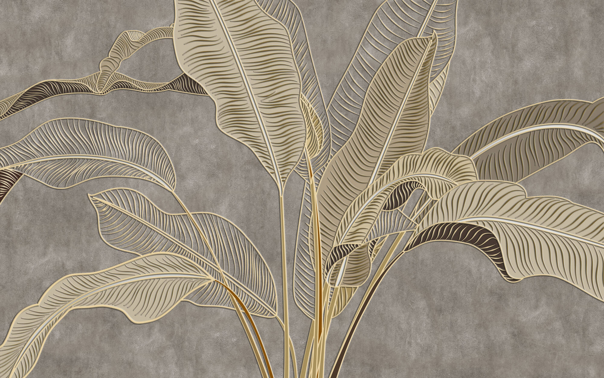 Tapet Personalizat Leaf cu frunze in stil plaster in relief in nuante aurii - NUDE GREY BANANA