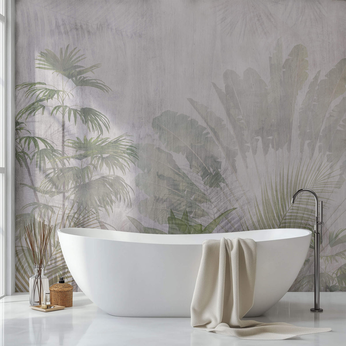 Tapet Personalizat Leaf cu frunze si plante tropicale estompate in fundal - FADED TROPICAL GREEN