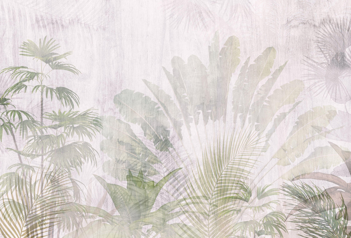 Tapet Personalizat Leaf cu frunze si plante tropicale estompate in fundal - FADED TROPICAL GREEN