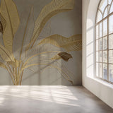 Tapet Personalizat Leaf cu frunze in stil plaster in relief in nuante aurii - CREAM GREY BANANA