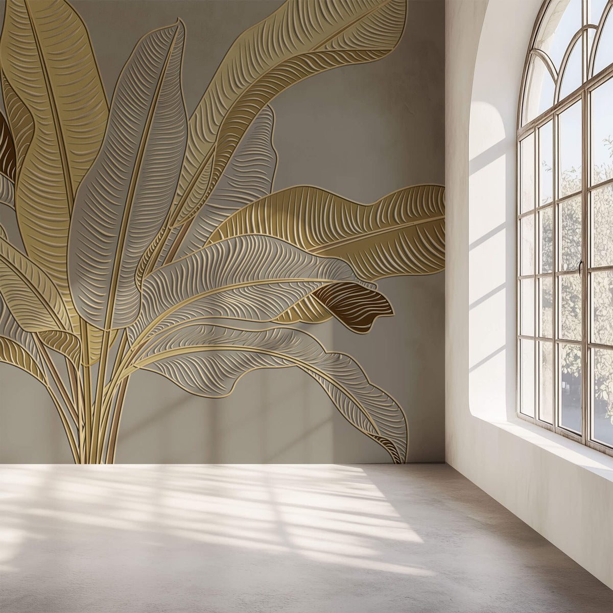Tapet Personalizat Leaf cu frunze in stil plaster in relief in nuante aurii - CREAM GREY BANANA