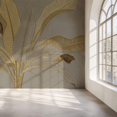 Tapet Personalizat Leaf cu frunze in stil plaster in relief in nuante aurii - CREAM GREY BANANA