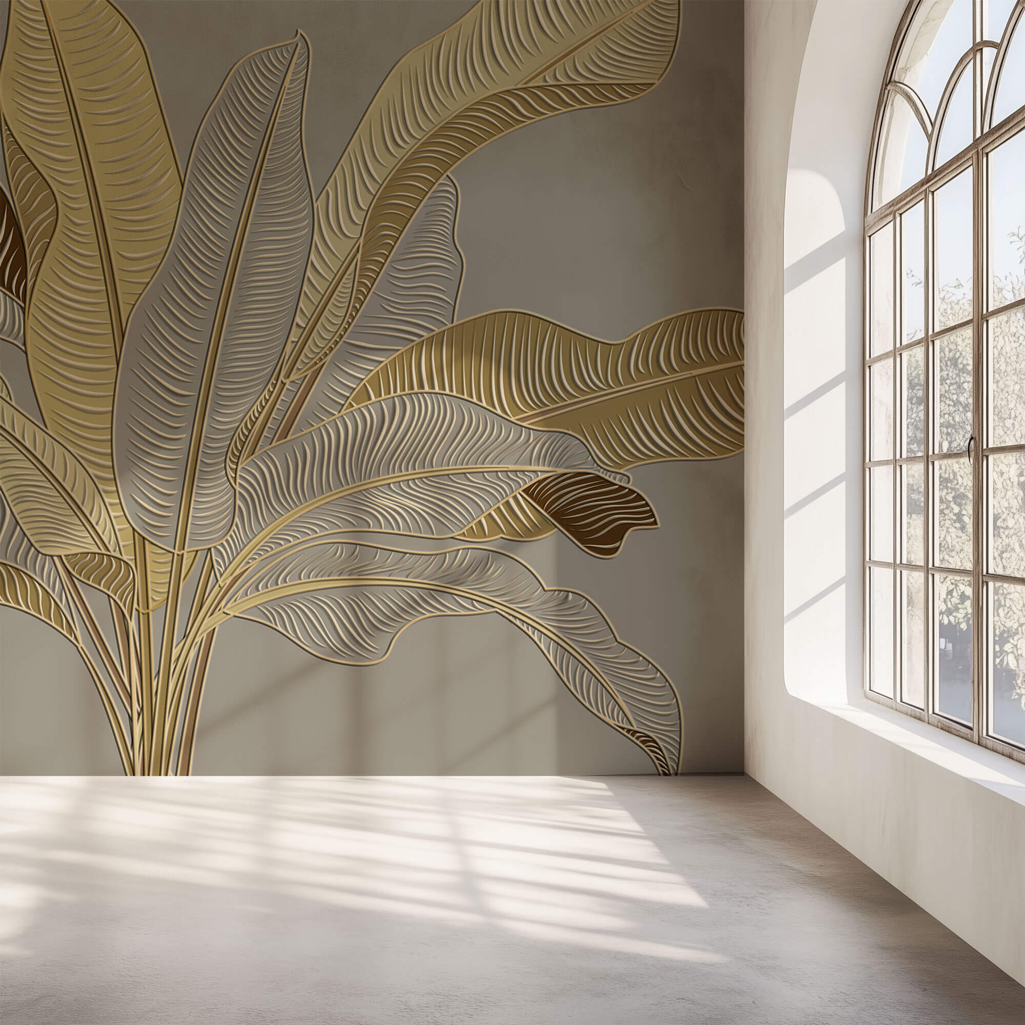 Tapet Personalizat Leaf cu frunze in stil plaster in relief in nuante aurii - CREAM GREY BANANA