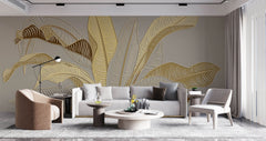Tapet Personalizat Leaf cu frunze in stil plaster in relief in nuante aurii - CREAM GREY BANANA