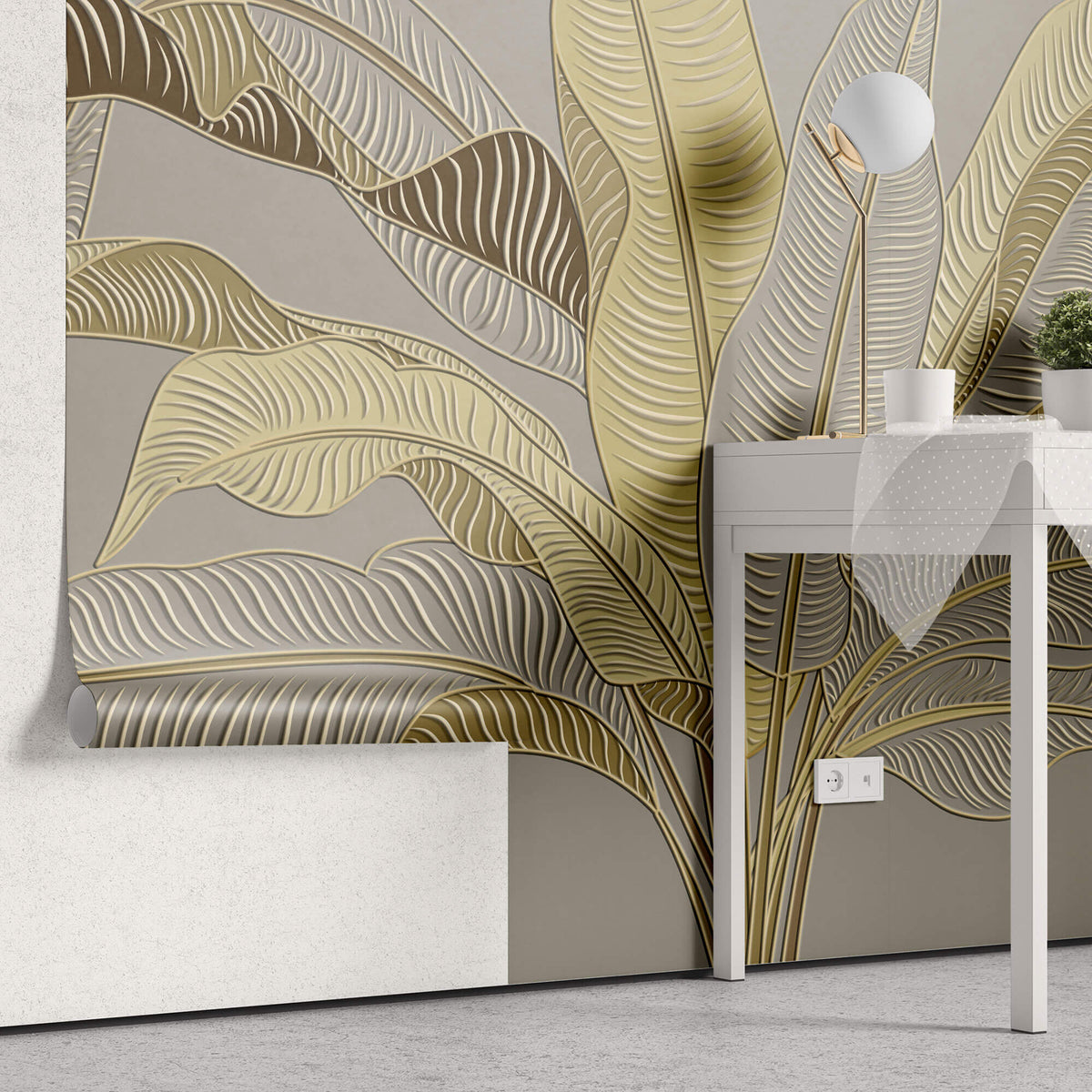 Tapet Personalizat Leaf cu frunze in stil plaster in relief in nuante aurii - CREAM GREY BANANA