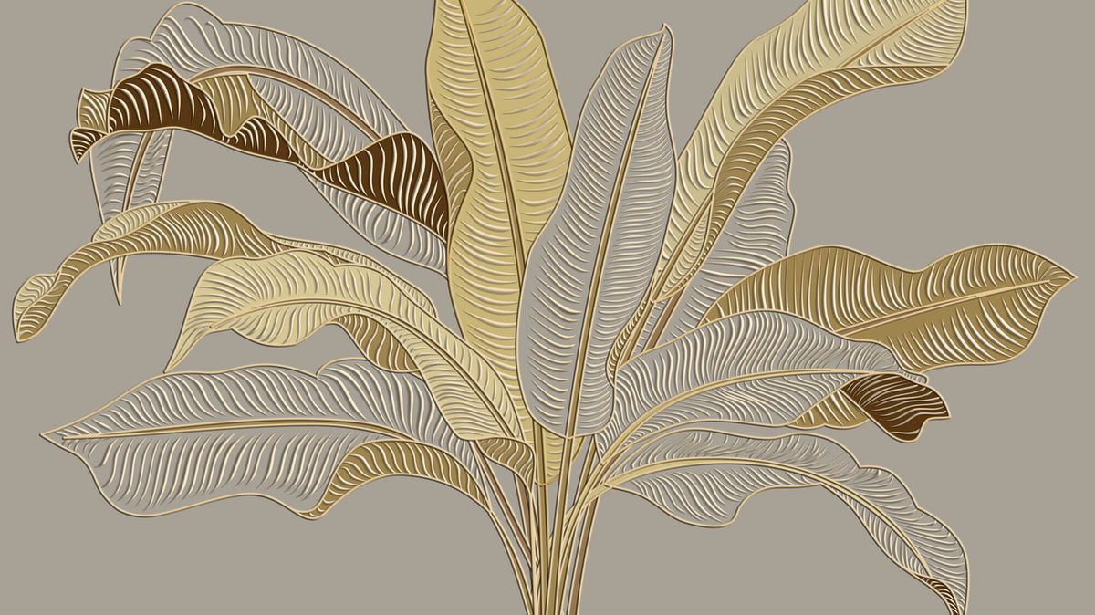 Tapet Personalizat Leaf cu frunze in stil plaster in relief in nuante aurii - CREAM GREY BANANA