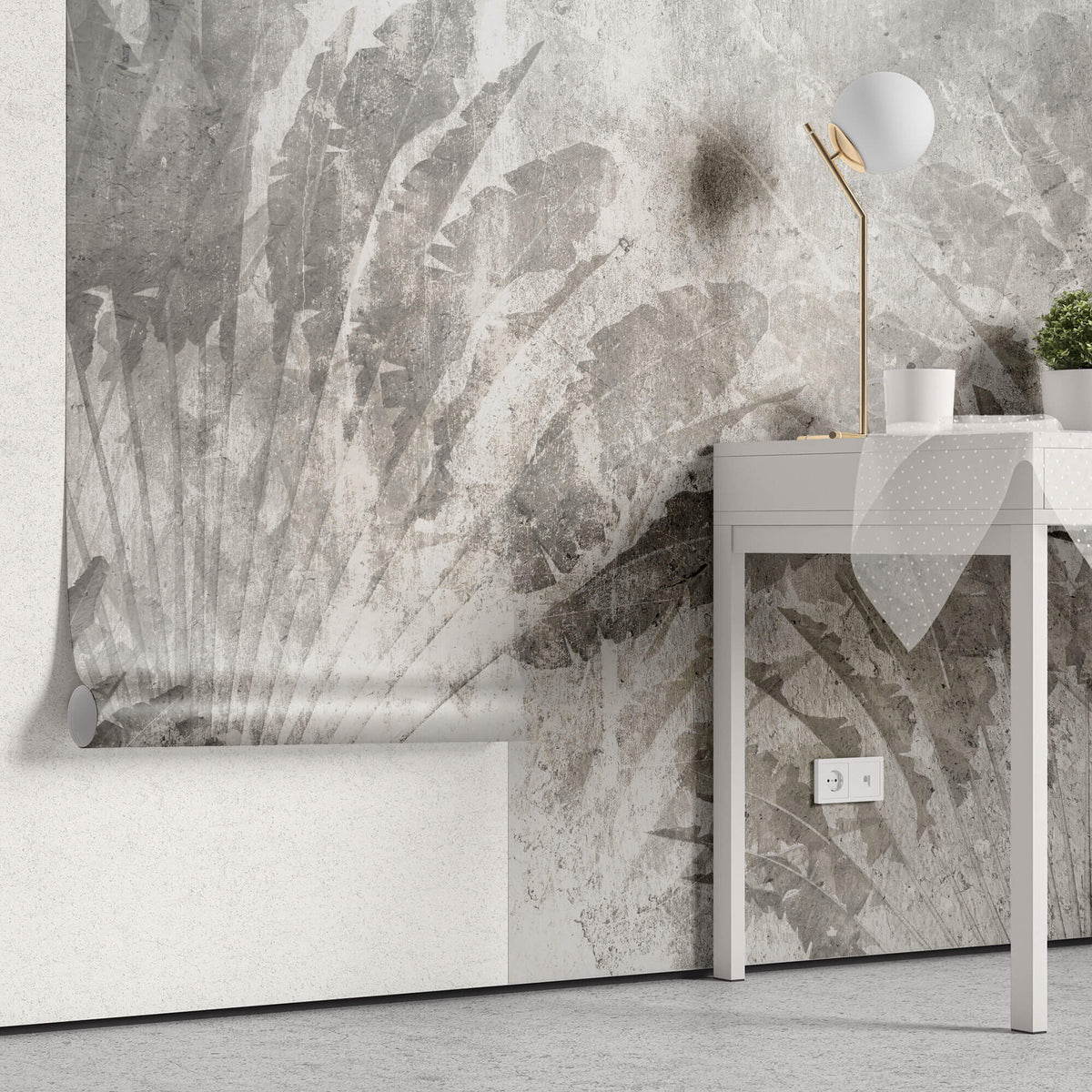 Tapet Personalizat Leaf cu frunze in fundal de perete ciment - CONCRETE ABSTRACT LEAF