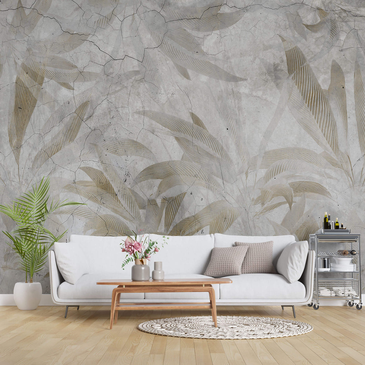 Tapet Personalizat Leaf cu frunze tropicale aramii pe fundal stucco crapat - LEAF CRACKS