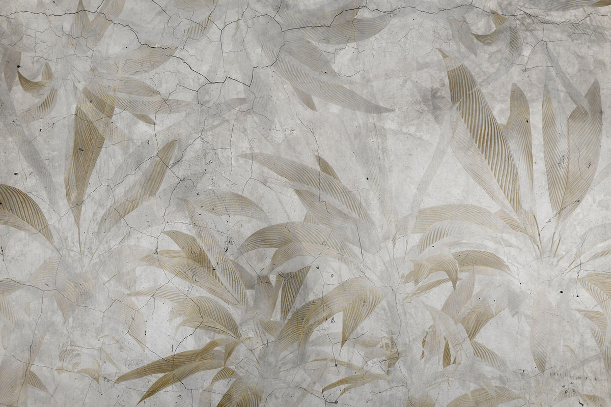 Tapet Personalizat Leaf cu frunze tropicale aramii pe fundal stucco crapat - LEAF CRACKS