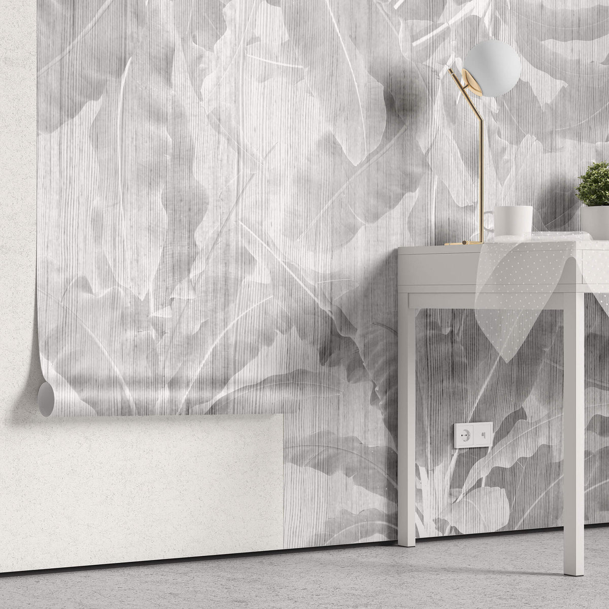 Tapet Personalizat Leaf cu frunze gri in dungi de plaster - STRIPED LEAVES
