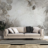 Tapet Personalizat Leaf cu frunze maronii estompate in fundalul gri de perete texturat - CEMENT PRINTED LEAVES