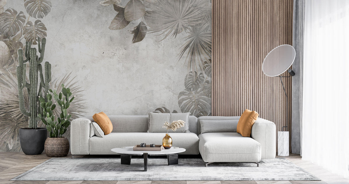 Tapet Personalizat Leaf cu frunze maronii estompate in fundalul gri de perete texturat - CEMENT PRINTED LEAVES