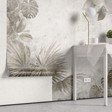 Tapet Personalizat Leaf cu frunze maronii estompate in fundalul gri de perete texturat - CEMENT PRINTED LEAVES