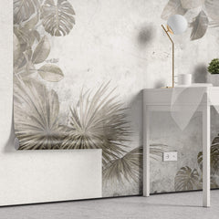 Tapet Personalizat Leaf cu frunze maronii estompate in fundalul gri de perete texturat - CEMENT PRINTED LEAVES