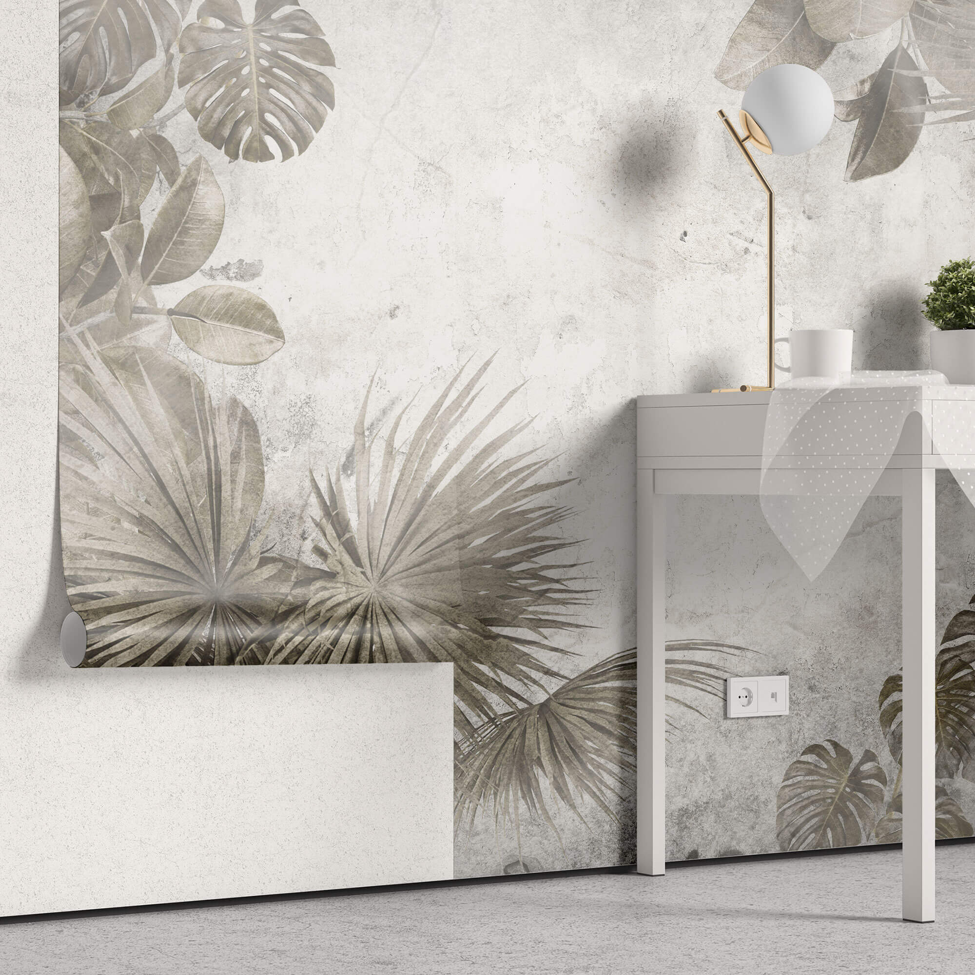Tapet Personalizat Leaf cu frunze maronii estompate in fundalul gri de perete texturat - CEMENT PRINTED LEAVES