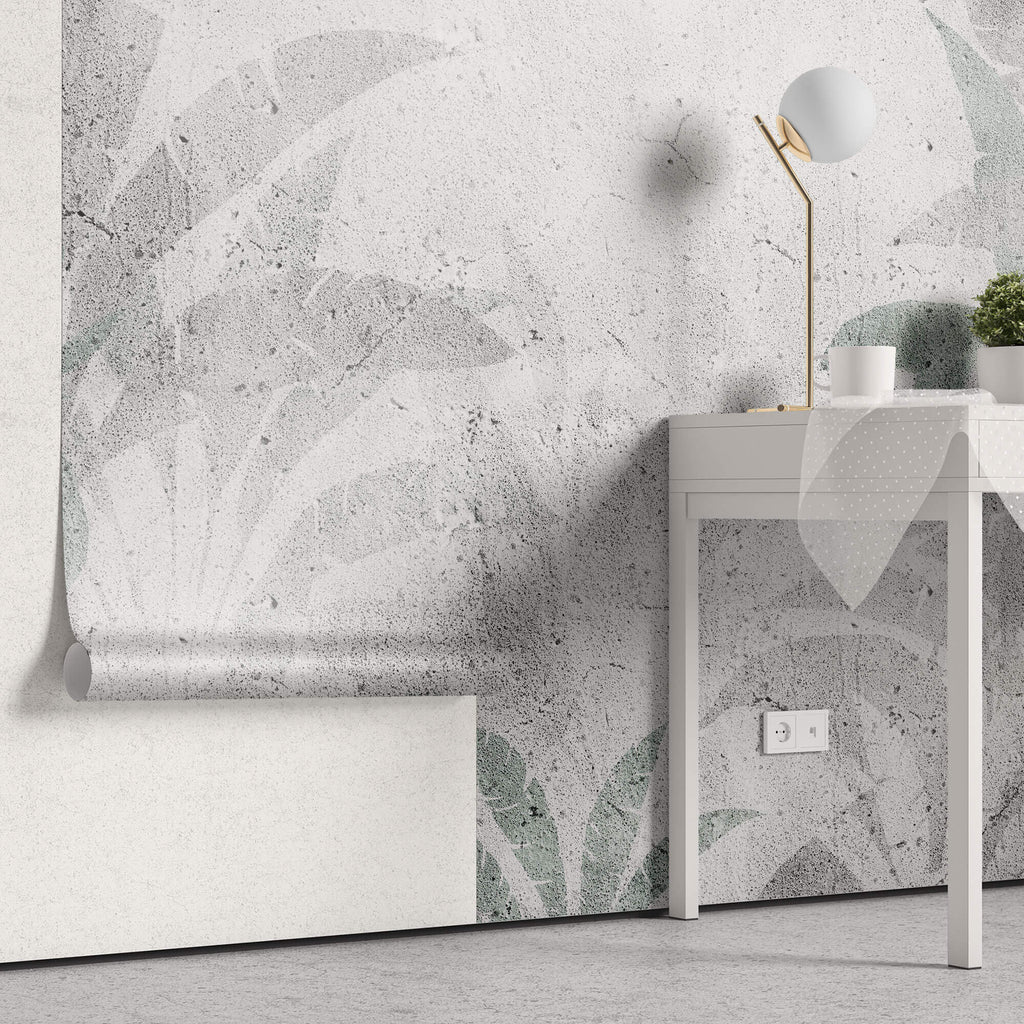 Tapet Personalizat Leaf cu frunze verzi estompate in fundal de vopsea decorativa texturat - GRUNGE SAGE
