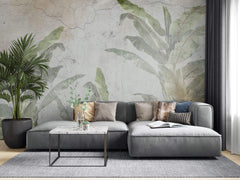 Tapet Personalizat Leaf cu bananieri in fundal stucco vintage - CRACKED WALL LEAVES
