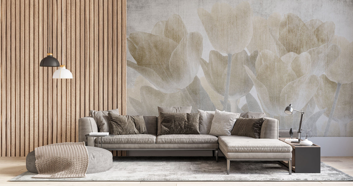 Tapet Personalizat Leaf cu lalele maronii cu textura liniara - CONCRETE TULIPS