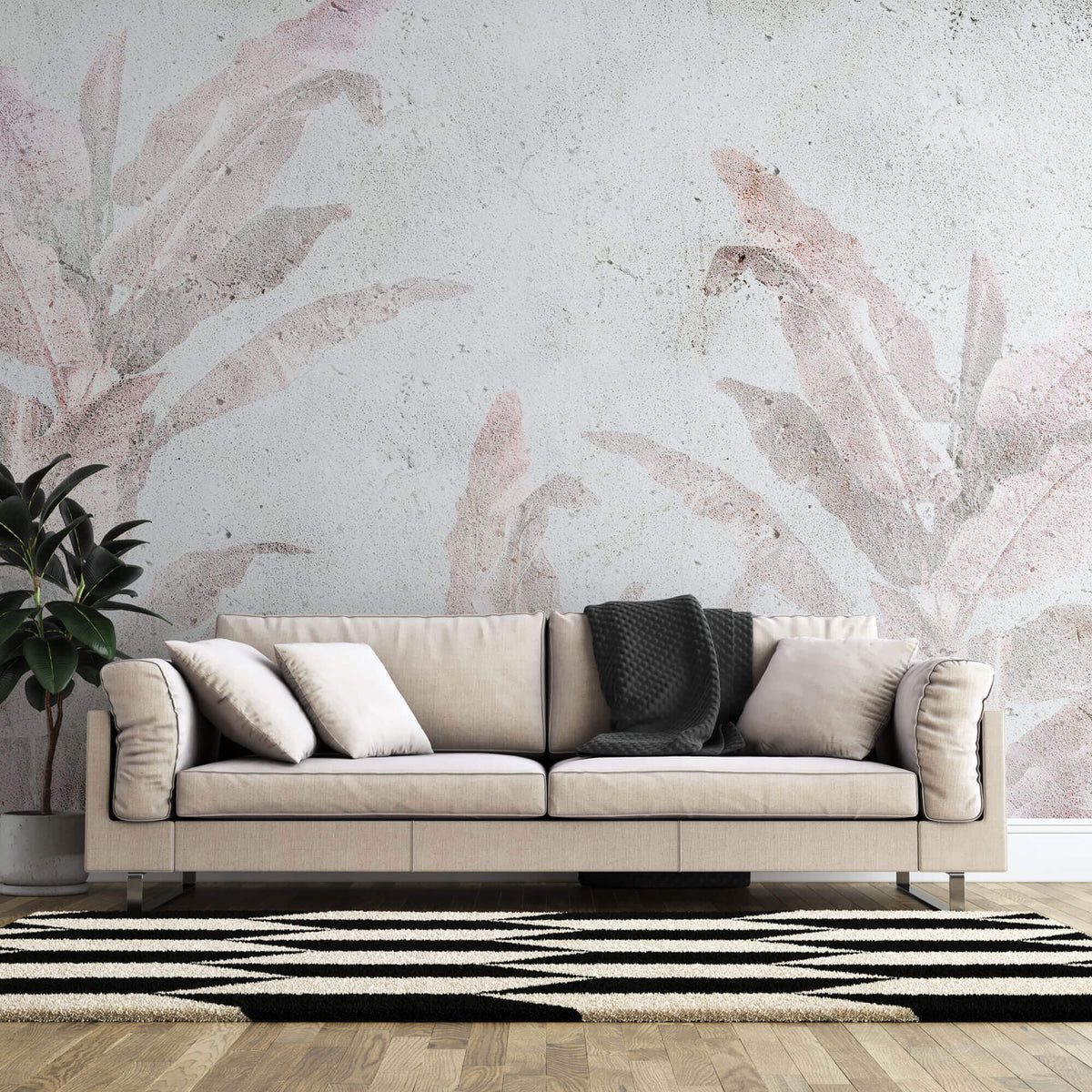 Tapet Personalizat Leaf cu frunze roz estompate in fundal de vopsea decorativa texturat - GRUNGE WALL LEAVES