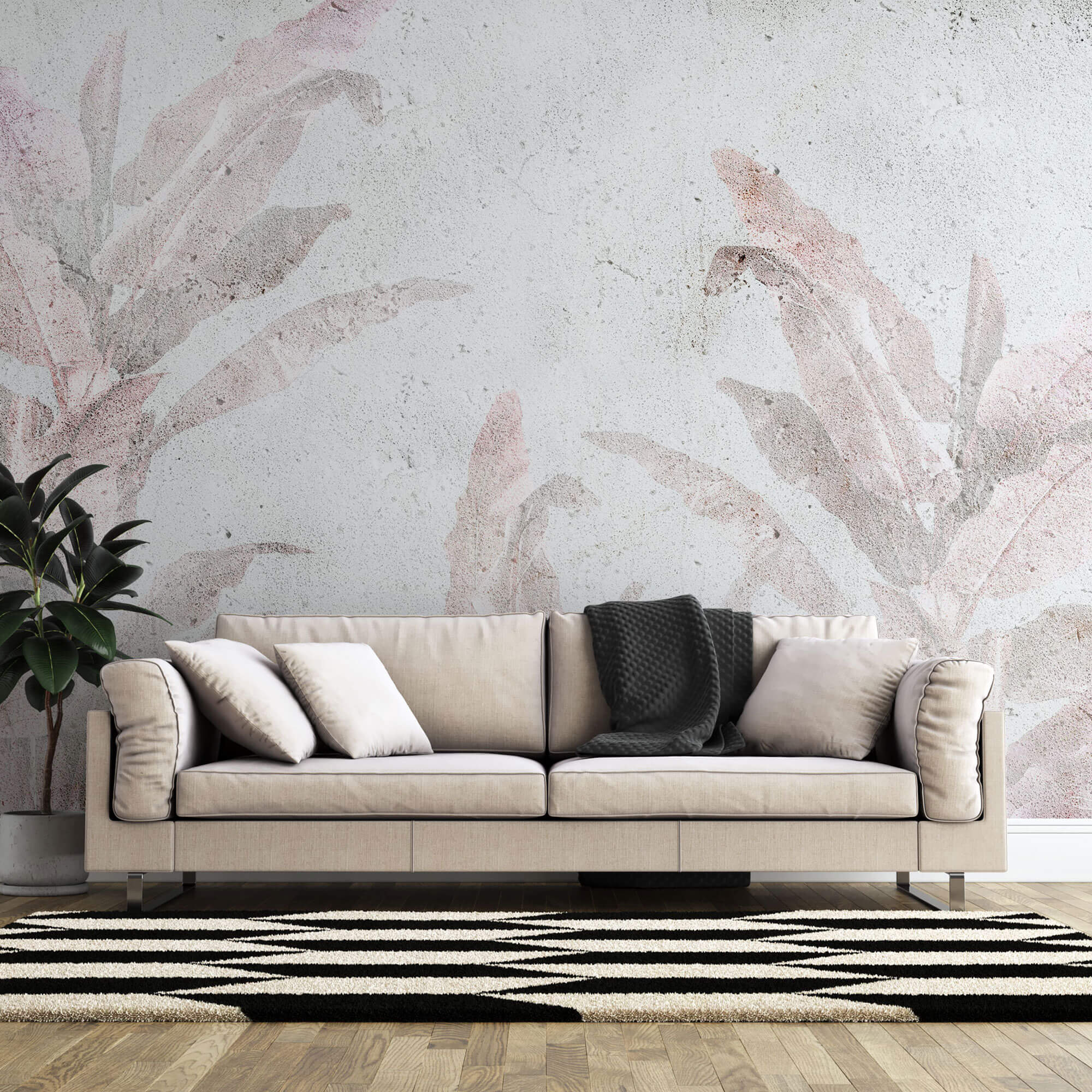 Tapet Personalizat Leaf cu frunze roz estompate in fundal de vopsea decorativa texturat - GRUNGE WALL LEAVES