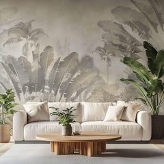 Tapet Personalizat Leaf cu copaci tropicali sepia si fundal texturat de linen - SAFARI DUST
