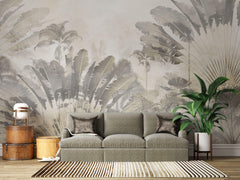 Tapet Personalizat Leaf cu copaci tropicali sepia si fundal texturat de linen - SAFARI DUST