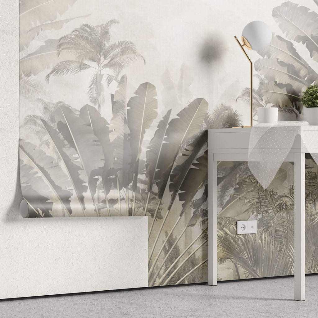 Tapet Personalizat Leaf cu copaci tropicali sepia si fundal texturat de linen - SAFARI DUST