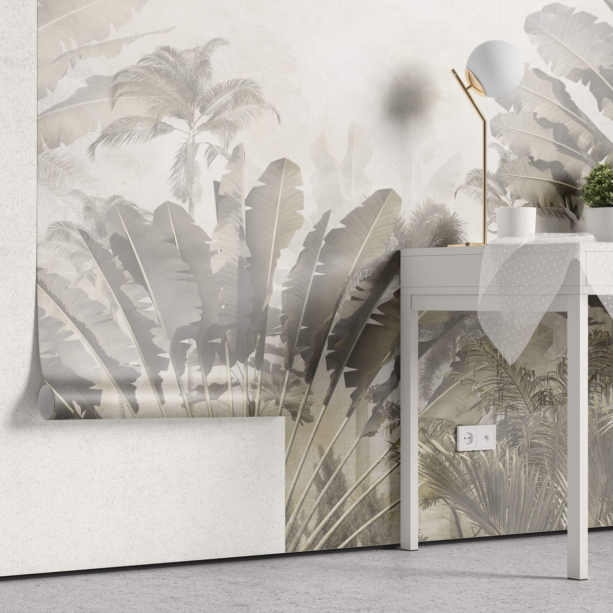 Tapet Personalizat Leaf cu copaci tropicali sepia si fundal texturat de linen - SAFARI DUST