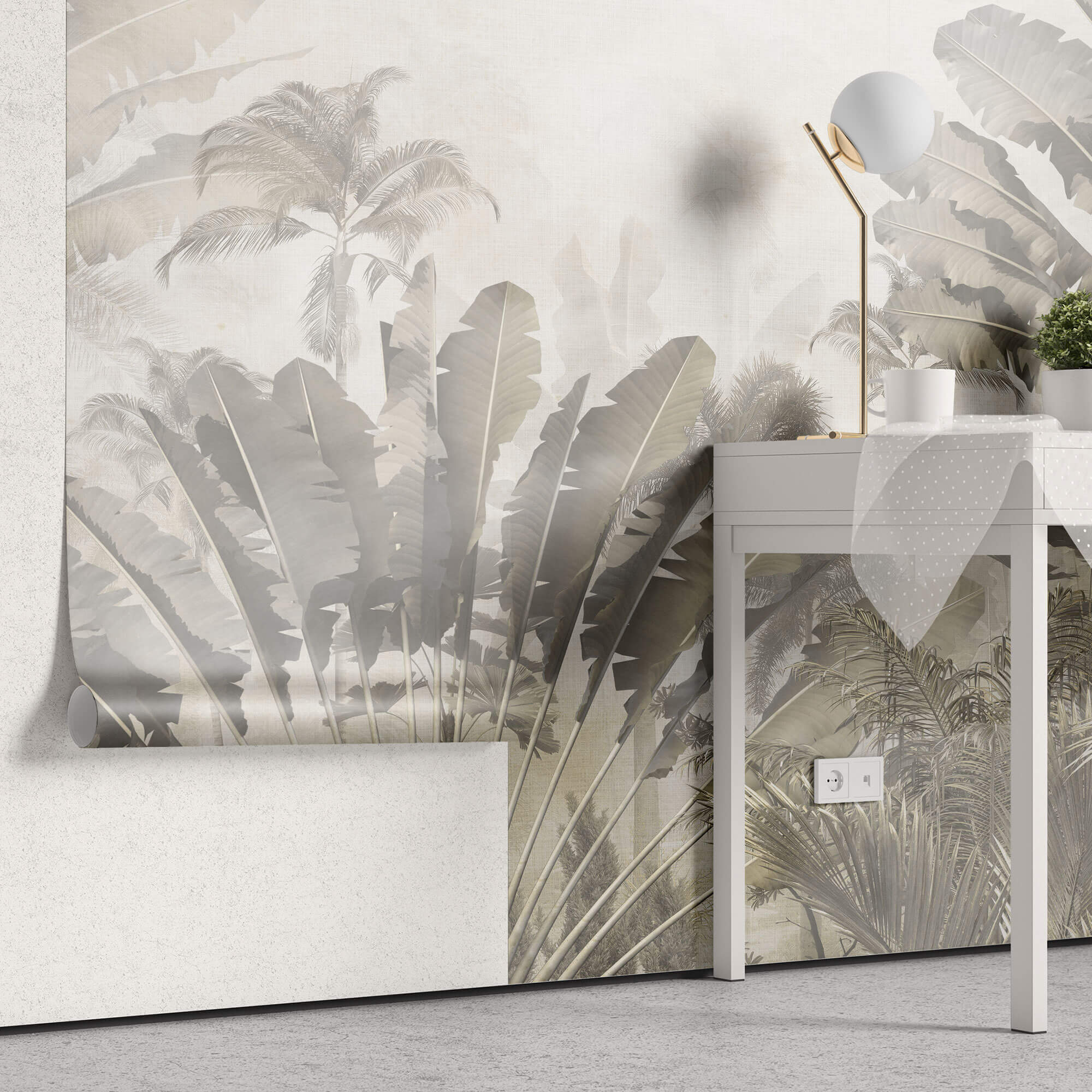 Tapet Personalizat Leaf cu copaci tropicali sepia si fundal texturat de linen - SAFARI DUST