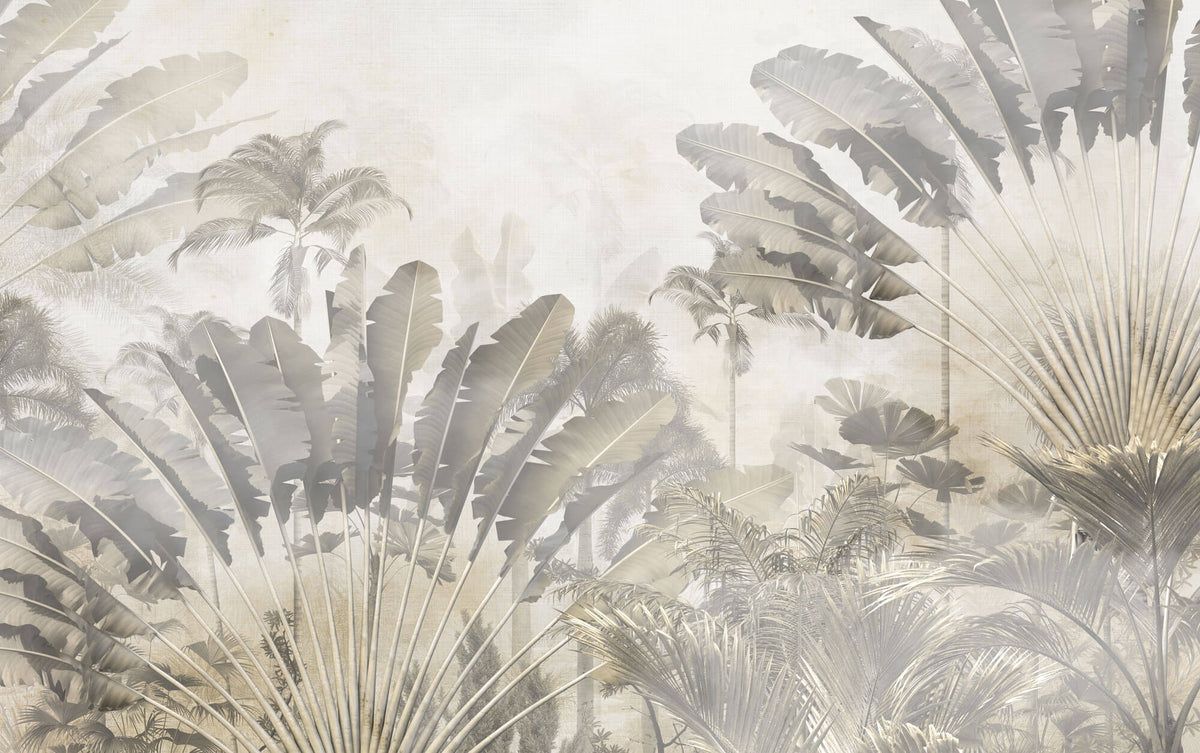 Tapet Personalizat Leaf cu copaci tropicali sepia si fundal texturat de linen - SAFARI DUST