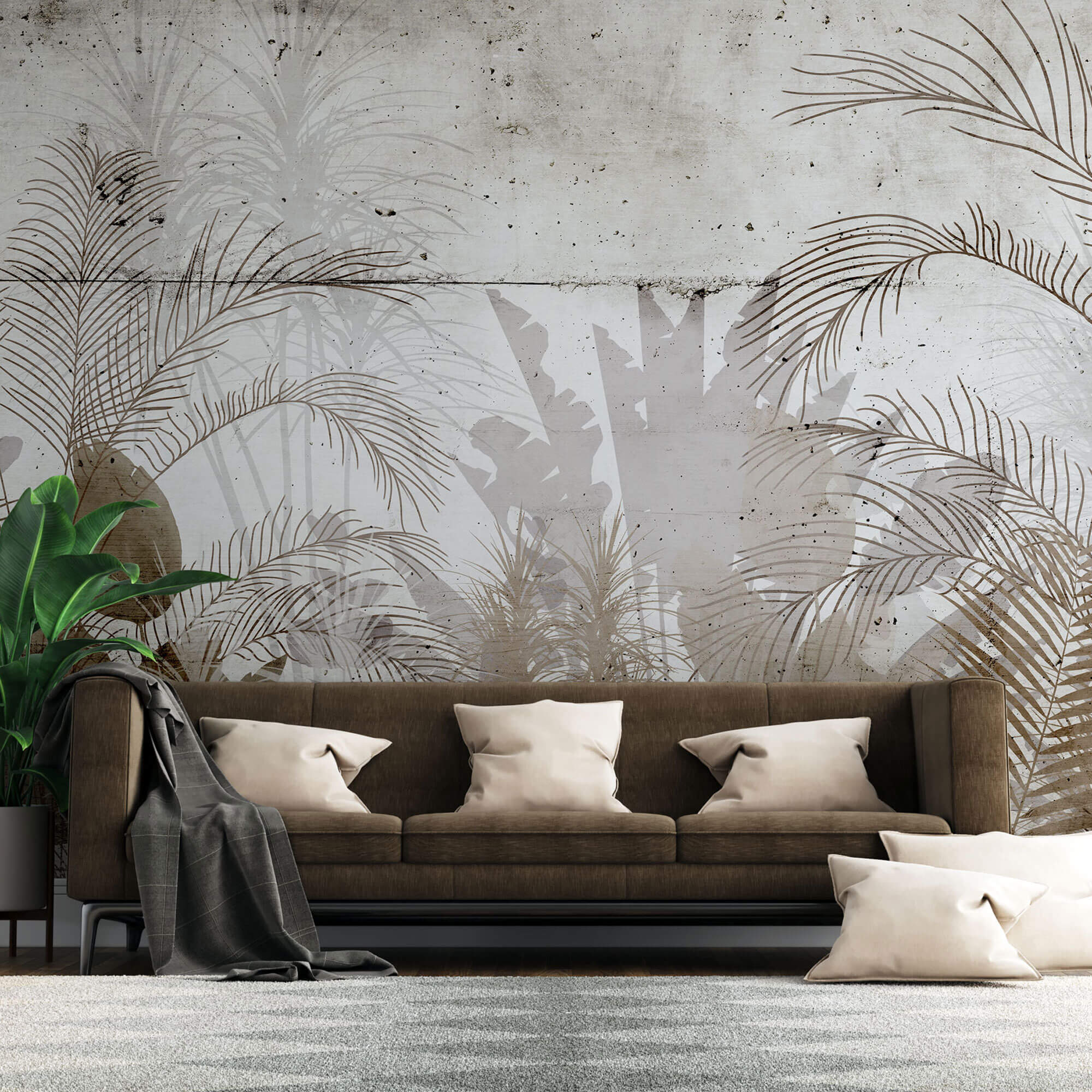 Tapet Personalizat Leaf cu frunze maronii pe un fundal de perete de ciment - CEMENT BLOCK LEAVES