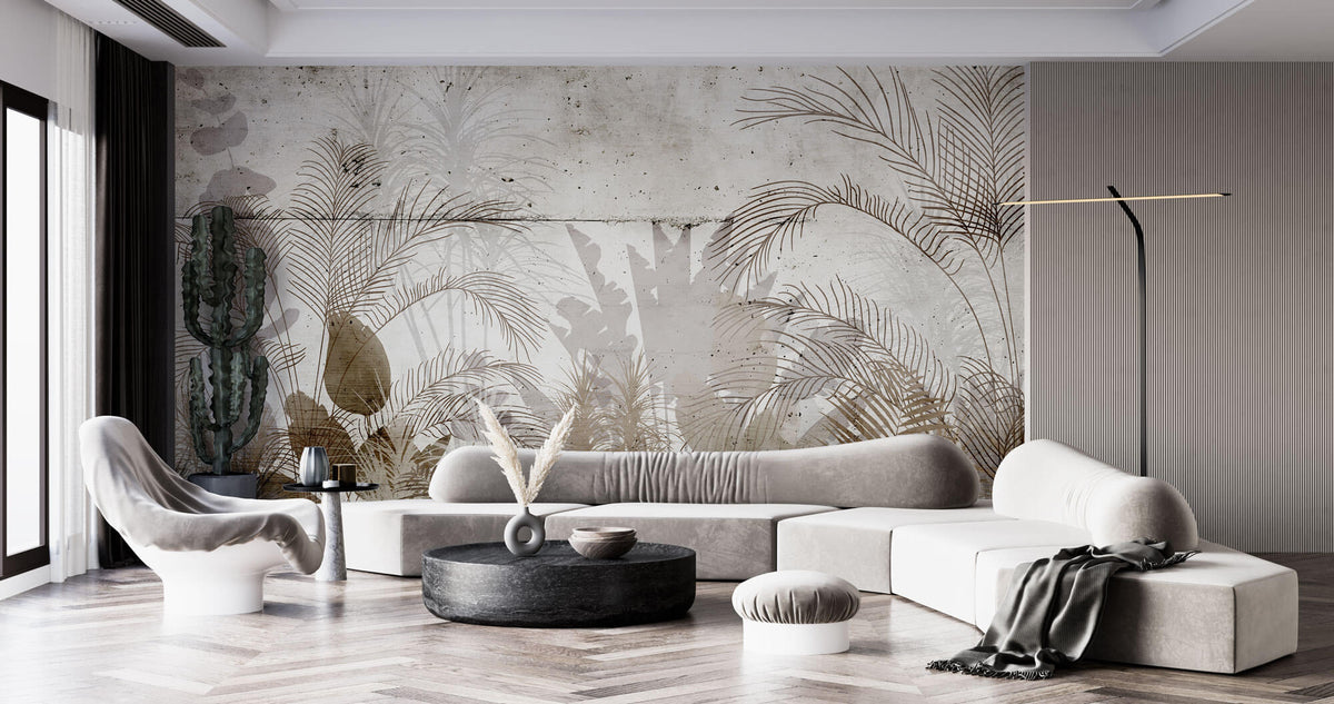 Tapet Personalizat Leaf cu frunze maronii pe un fundal de perete de ciment - CEMENT BLOCK LEAVES