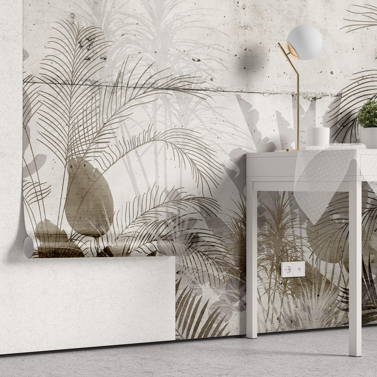 Tapet Personalizat Leaf cu frunze maronii pe un fundal de perete de ciment - CEMENT BLOCK LEAVES