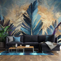 Tapet Personalizat Leaf cu frunze pictate albastre si insertii aurii - BLUE PAINTED LEAVES