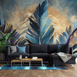 Tapet Personalizat Leaf cu frunze pictate albastre si insertii aurii - BLUE PAINTED LEAVES