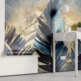Tapet Personalizat Leaf cu frunze pictate albastre si insertii aurii - BLUE PAINTED LEAVES