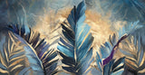Tapet Personalizat Leaf cu frunze pictate albastre si insertii aurii - BLUE PAINTED LEAVES