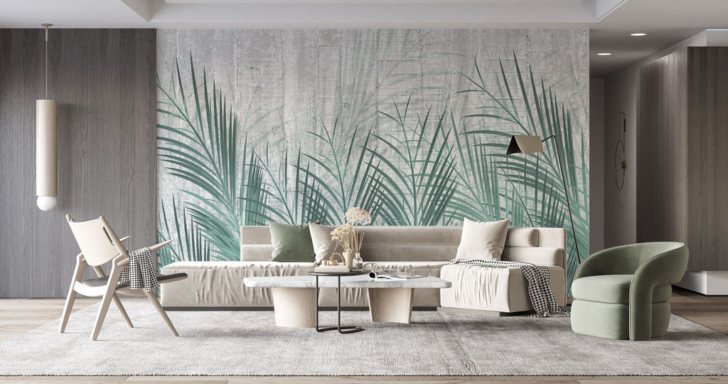 Tapet Personalizat Leaf cu frunze de palmier verde si fundal de ciment - CYAN LEAVES CONCRETE