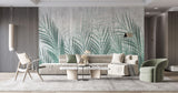 Tapet Personalizat Leaf cu frunze de palmier verde si fundal de ciment - CYAN LEAVES CONCRETE