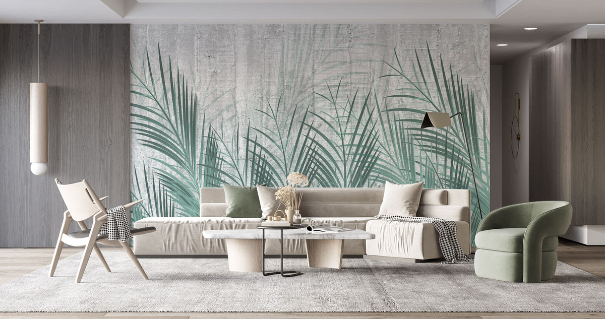 Tapet Personalizat Leaf cu frunze de palmier verde si fundal de ciment - CYAN LEAVES CONCRETE