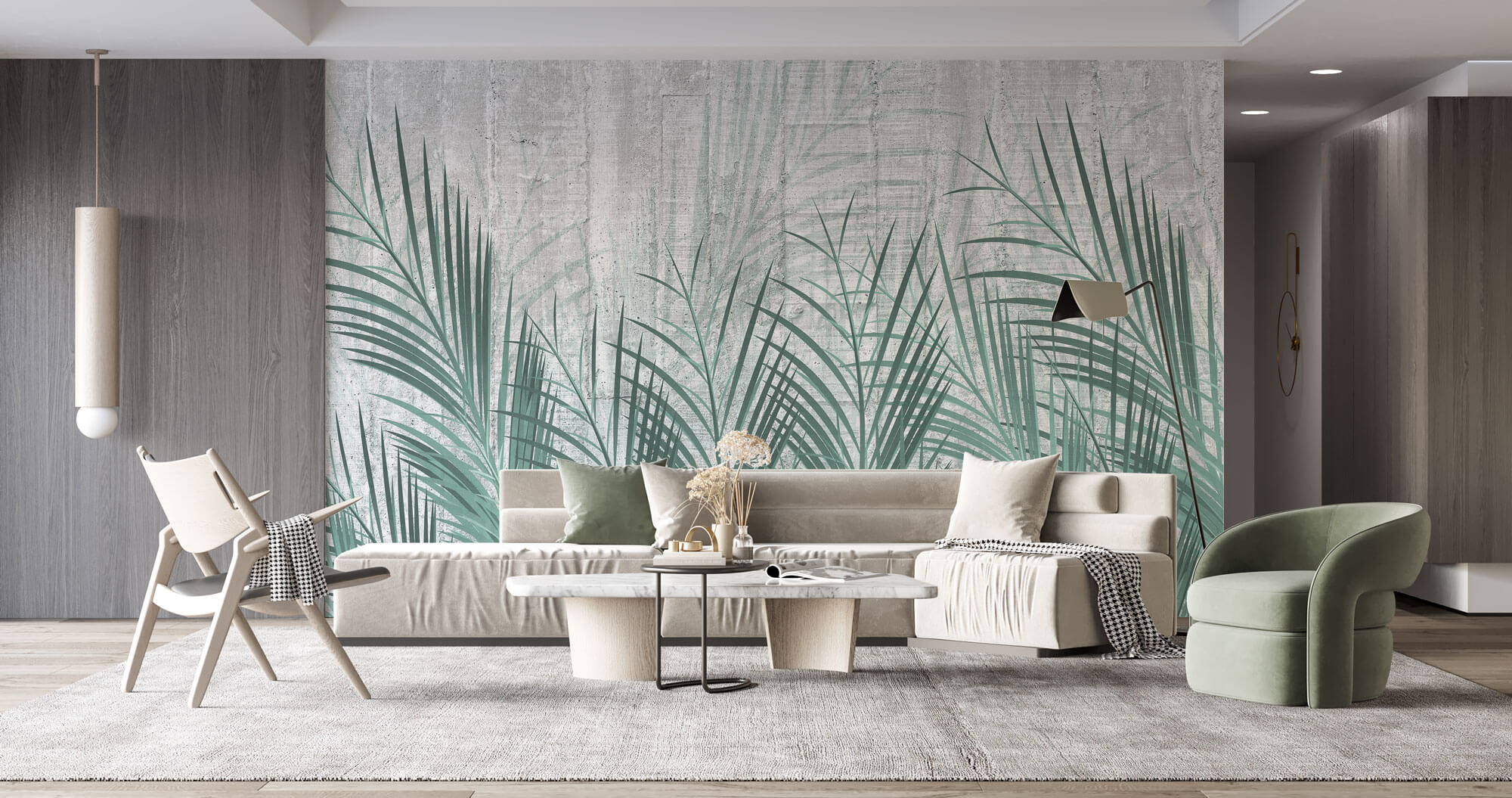 Tapet Personalizat Leaf cu frunze de palmier verde si fundal de ciment - CYAN LEAVES CONCRETE