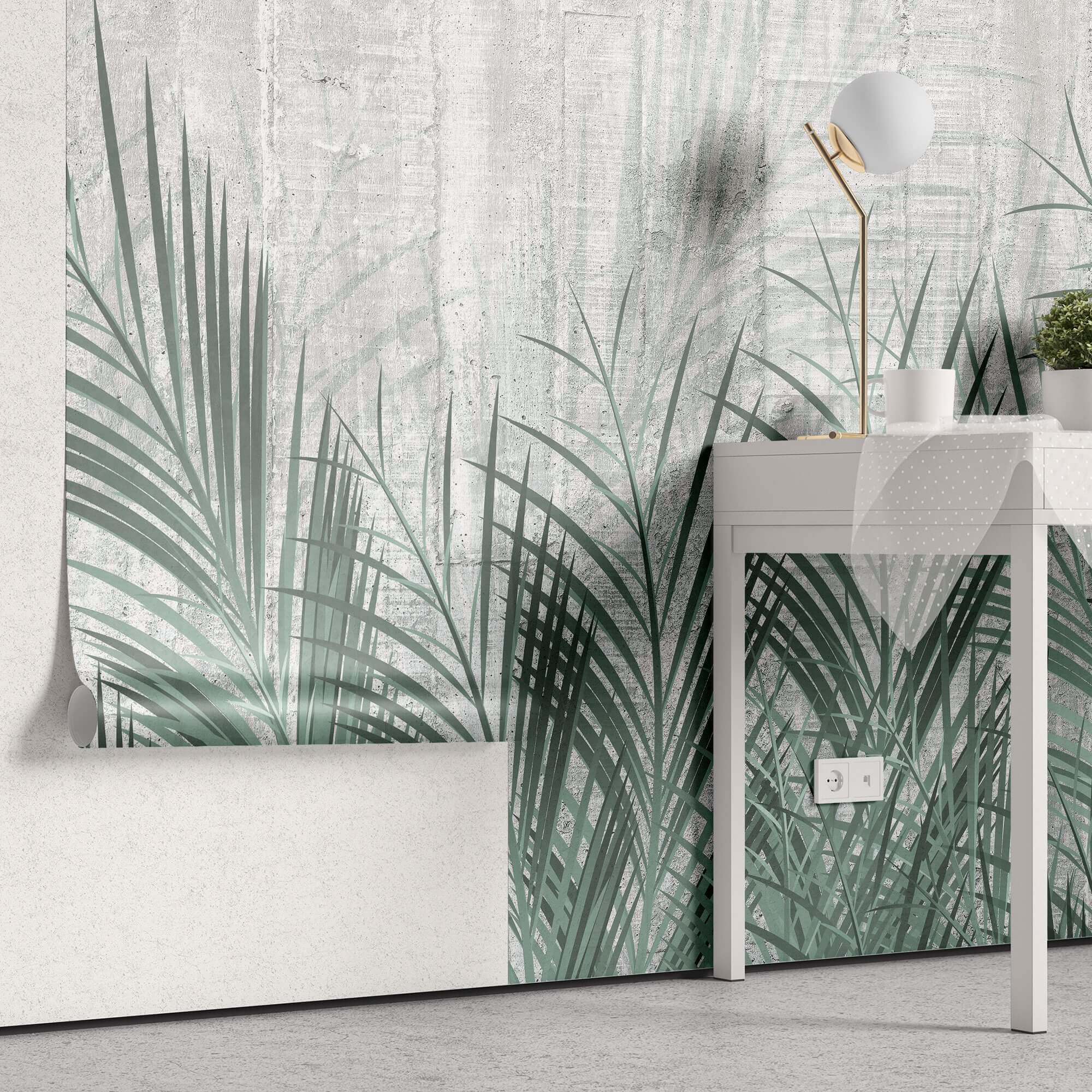 Tapet Personalizat Leaf cu frunze de palmier verde si fundal de ciment - CYAN LEAVES CONCRETE