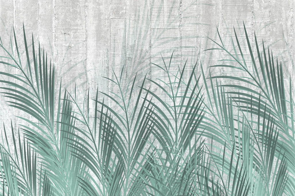 Tapet Personalizat Leaf cu frunze de palmier verde si fundal de ciment - CYAN LEAVES CONCRETE