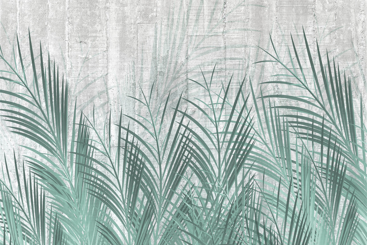 Tapet Personalizat Leaf cu frunze de palmier verde si fundal de ciment - CYAN LEAVES CONCRETE