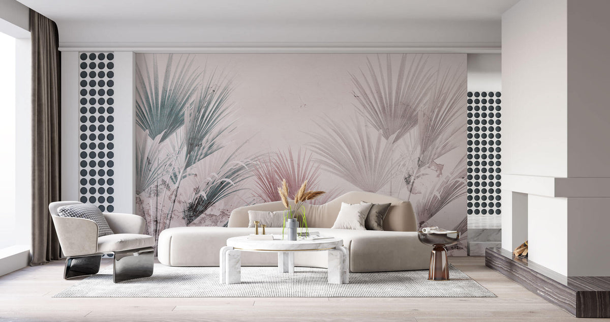 Tapet Personalizat Leaf cu frunze de palmier intr-un fundal roz texturat - DUSTY PINK CANVAS