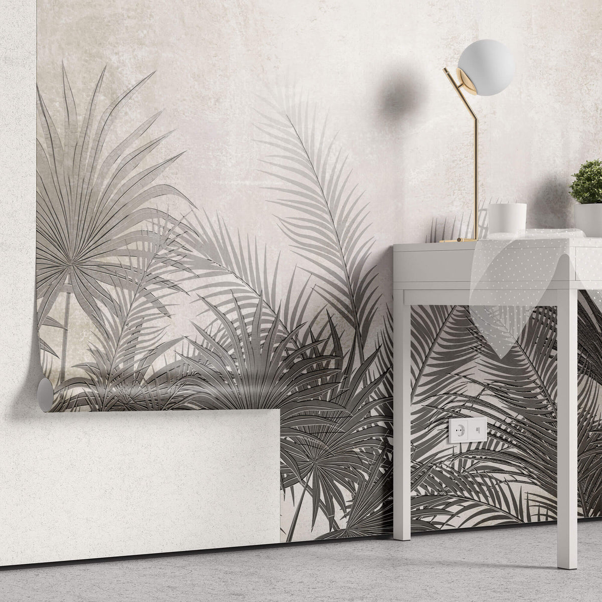 Tapet Personalizat Leaf cu frunze de palmier ilustrate pe un perete texturat crem - DEEP TEXTURE PALM