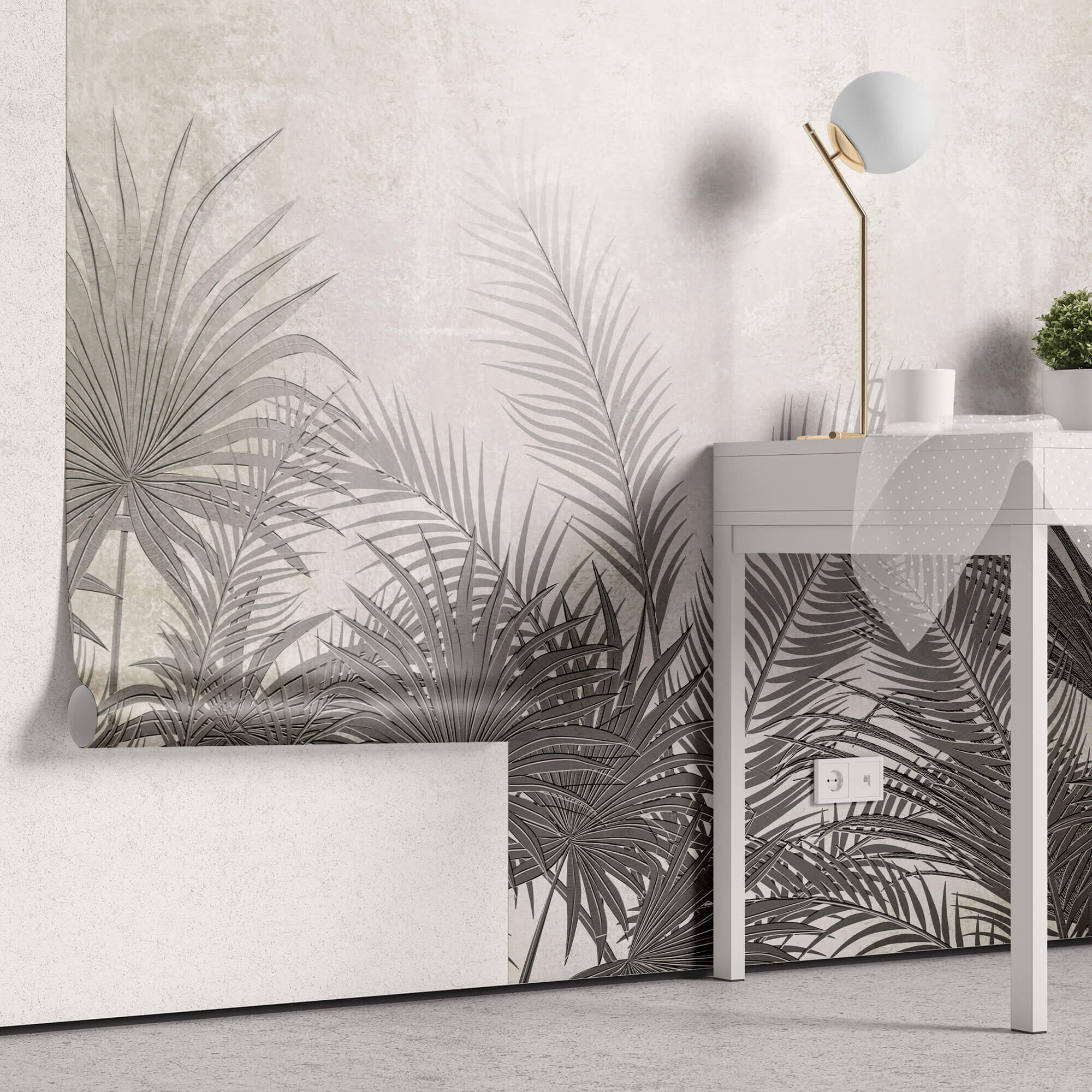 Tapet Personalizat Leaf cu frunze de palmier ilustrate pe un perete texturat crem - DEEP TEXTURE PALM