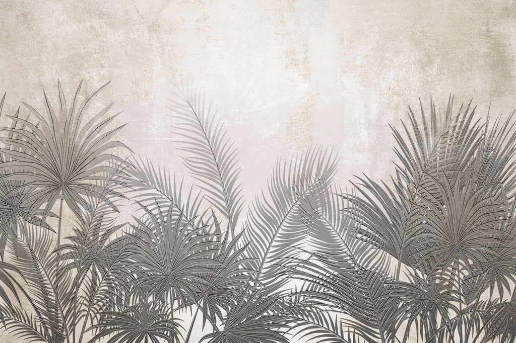 Tapet Personalizat Leaf cu frunze de palmier ilustrate pe un perete texturat crem - DEEP TEXTURE PALM