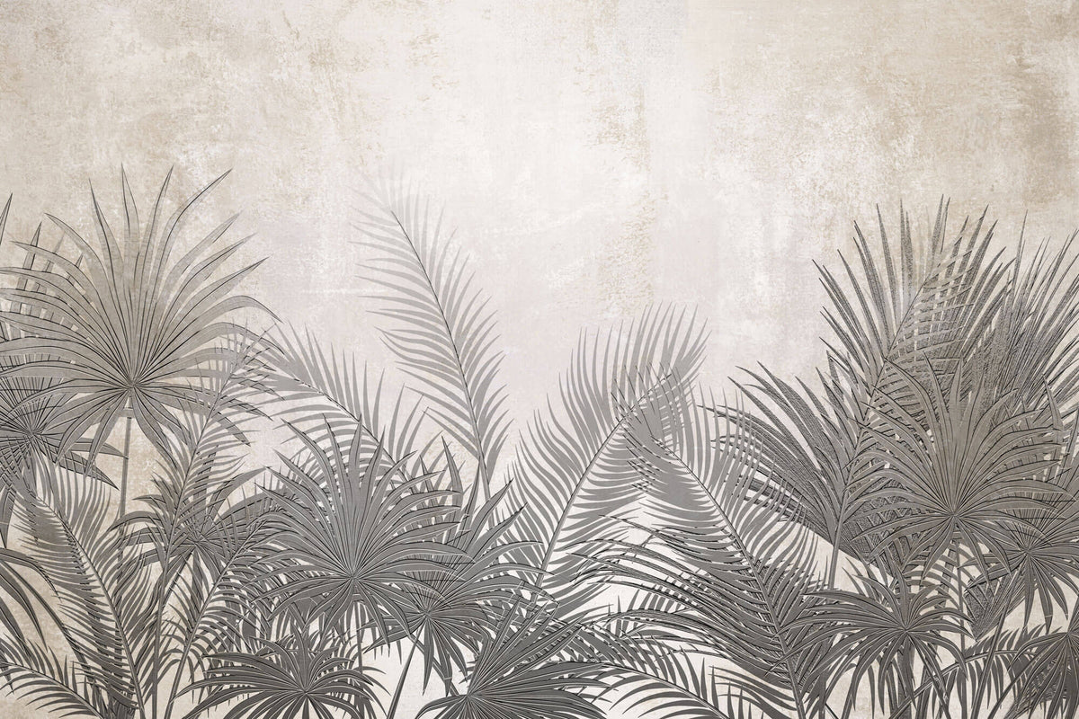 Tapet Personalizat Leaf cu frunze de palmier ilustrate pe un perete texturat crem - DEEP TEXTURE PALM