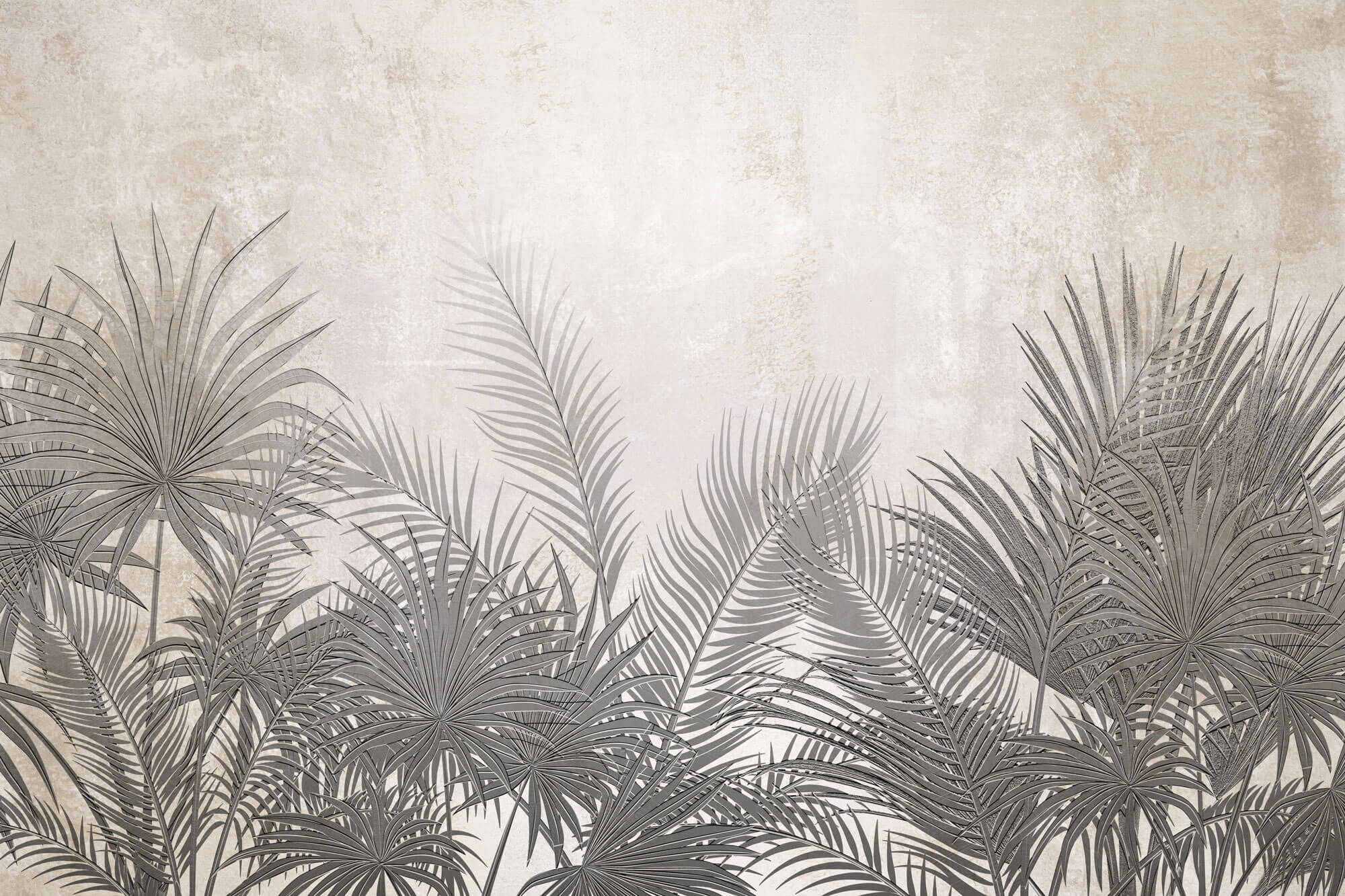 Tapet Personalizat Leaf cu frunze de palmier ilustrate pe un perete texturat crem - DEEP TEXTURE PALM